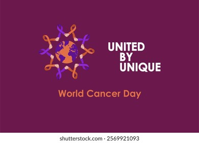 United by Unique - World Cancer Day 4th February 2025 Banner Design Concept with Shaking Hand Ribbon Holding World Illustration. World Cancer Day  2025 Vector Illustration. 