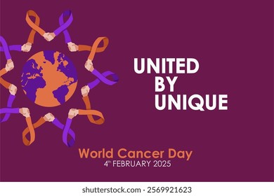 United by Unique - World Cancer Day 4th February 2025 Banner Design with Shaking Hand Ribbon Holding World Illustration. World Cancer Day  2025 Background Template. Vector Illustration.