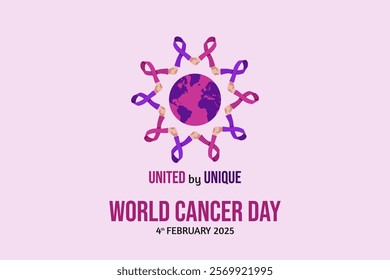 United by Unique - World Cancer Day 4th February 2025 
Solidarity Campaign Design with Shaking Hand Ribbon Holding World Illustration. World Cancer Day  2025 Vector Illustration.