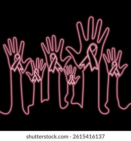 United for a Cause Crowd of Hands Raised with Charity Ribbons, Solidarity and Support icon neon glow vector illustration concept