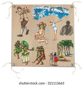 UNITED COLORS OF HUMAN RACE. Collection of an hand drawn colored vector illustrations. Freehand sketches, Line art. Each drawing comprise of a few layers of lines. Colored background is isolated.