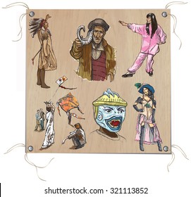 UNITED COLORS OF HUMAN RACE. Collection of an hand drawn vector illustrations. Freehand sketches, Line art. Each drawing comprise of a few layers of lines. Colored background is isolated. Editable.