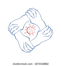 United community against bacteria vector concept illustration. Vector illustration in hand drawn style. Holding hands vector around virus cell, isolated.