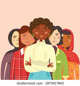 United community of women of different nationalities stand behind each other. Women's independence day. Holiday March 8. Vector isolated female characters. Flat style