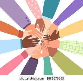 United community of the world. Different nationalities together for teamwork, unity or diversity. Vector isolated hands, hearts. Flat illustration