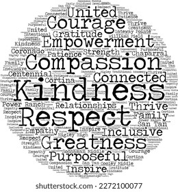 United Courage Gratitude Empowerment Patience Strength Compassion Connected Kindness Respect Greatness Inspire Word Cloud Design Layout - (Editable file) - Vector Illustration