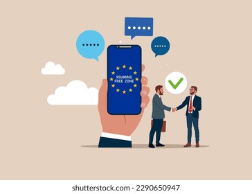 United Europe. Business people enter into agreement. Roaming Free Euro Zone. European Union flag. Flat vector illustration