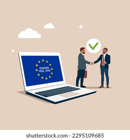 United Europe. Business people enter into agreement. Successful business collaboration. Roaming Free Euro Zone. European Union flag. Flat vector illustration