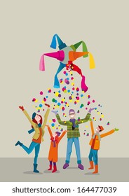 A united family celebrates Christmas with joy and gratitude gesture under a rain of confetti.