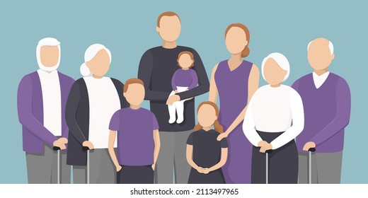 United family. Grandparents, parents and children together. Vector illustration.