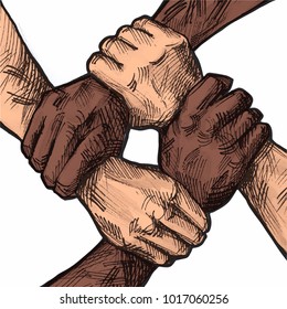 United hands together ink illustration. Coordination, international multiracial, mixed race people hand holding each other in unity. Business group collaboration. Team concept.