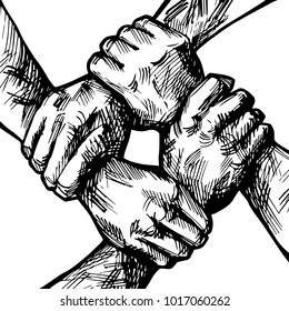 United hands together ink illustration. Coordination, international multiracial, mixed race people hand holding each other in unity. Business group collaboration. Team concept.