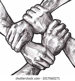 United hands together ink illustration. Coordination, international multiracial, mixed race people hand holding each other in unity. Business group collaboration. Team concept.