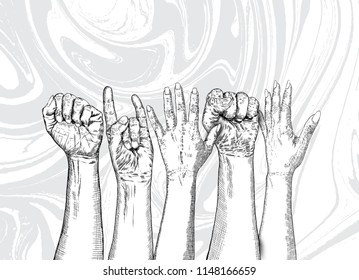 United hands together in ink style. Business group collaboration. Team concept. Coordination, international multiracial, mixed race people hand holding each other in unity. For hands vector.