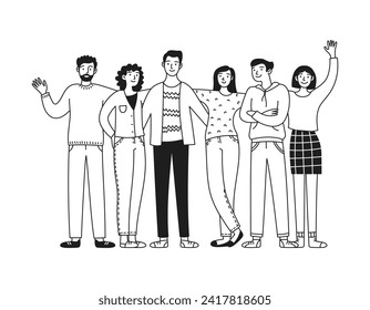 Ilustración vectorial de doodle de equipo feliz unido. Apoyo. Diversidad de personas, hombres y mujeres aislados en el fondo blanco