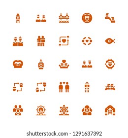 united icon set. Collection of 25 filled united icons included Arch, Shakespeare, London eye, Friends, Big ben, Friendship, Manchester united, Fisheye, Manchester city, Golden gate