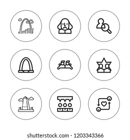 United icon set. collection of 9 outline united icons with consensus, friends, gateway arch, shakespeare icons. editable icons.