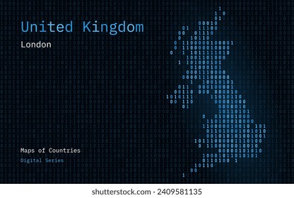 United Kindgom, Great Britain Blue Map Shown in Binary Code Pattern. TSMC. Matrix numbers, zero, one. World Countries Vector Maps. Digital Series