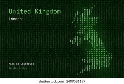 United Kindgom, Großbritannien Green Map in Binärkode Muster gezeigt. TSMC. Matrixnummern, Null, eins. Vektorkarten von World Countries. Digitale Serie