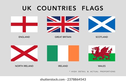 United kindom of Great Britain countries flags set. High detail and actual proportions. Vector illustration