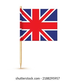 United kindom toothpick flag isolated on wood stick with white paper. Great Britain Realistic little tooth pick for lunch. Vector cocktail decoration. svg