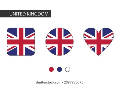 United Kingdom 3 shapes (square, circle, heart) with city flag. Isolated on white background.