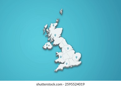 United Kingdom 3D map illustration with province map pin on isolated background