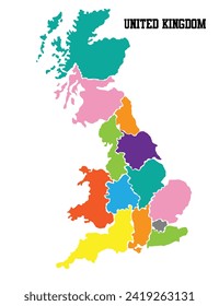 United Kingdom administrative districts high detailed vector map colored by regions with editable and labelled layers on white background.