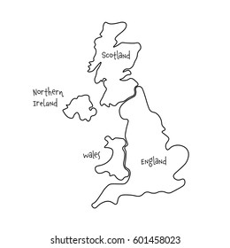 United Kingdom, aka UK, of Great Britain and Northern Ireland hand-drawn blank map. Divided to four countries - England, Wales, Scotland and NI. Simple flat vector illustration.