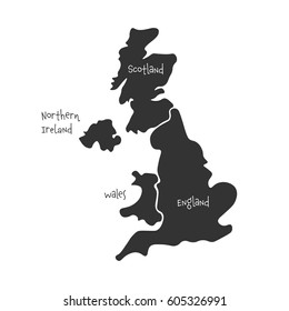 United Kingdom, aka UK, of Great Britain and Northern Ireland hand-drawn blank map. Divided to four countries - England, Wales, Scotland and NI. Simple flat vector illustration.