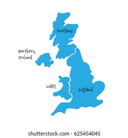 United Kingdom, Aka UK, Of Great Britain And Northern Ireland Hand-drawn Blank Map. Divided To Four Countries - England, Wales, Scotland And NI. Simple Flat Vector Illustration.