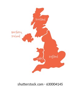 United Kingdom, aka UK, of Great Britain and Northern Ireland hand-drawn blank map. Divided to four countries - England, Wales, Scotland and NI. Simple flat vector illustration.