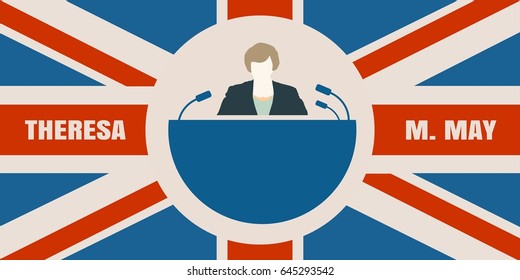 United Kingdom - April, 2017: A illustration of a woman icon and the Prime Minister of the United Kingdom Theresa May name. Flag of the Great Britain on backdrop