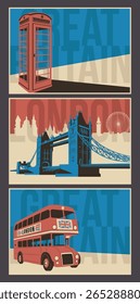 United Kingdom Attractions Postcard Set. London's Red Telephone Booth, Tower Bridge, Red Bus Illustrations. Vector Templates for Retro Style Touristic Posters, Covers, Illustrations