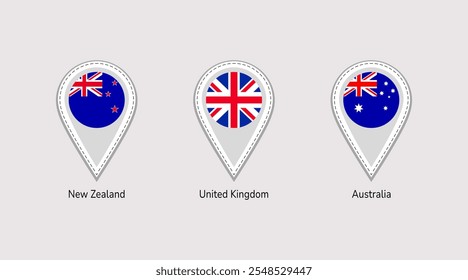 El Reino Unido, Australia, Nueva Zelanda bandera mapa pines aislados iconos Ilustración vectorial. países punto de ubicación, signos Formas. Símbolos oficiales pegatinas con nombre de estado. Marcadores e insignias del Reino Unido