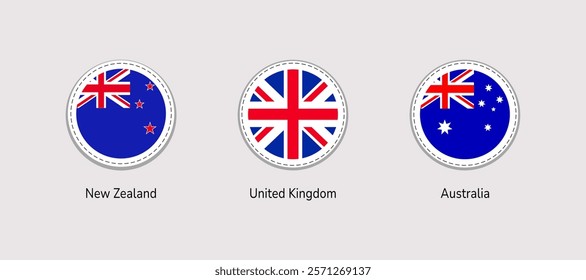 The United Kingdom, Australia, New Zealand flag round isolated icons vector illustration. Traditional national emblems signs. Official symbols stickers set with state name. UK markers badges.