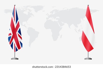 United Kingdom and Austria flags for official meeting against background of world map.