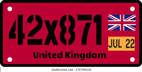 United Kingdom automobile license plate on white background. Country license plate series.