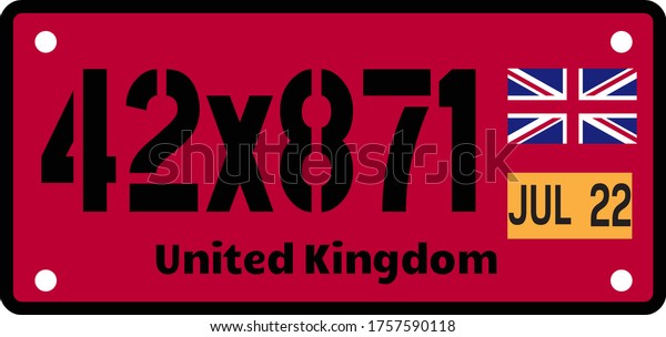 United Kingdom automobile license\
plate on white background. Country license plate\
series.