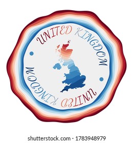 United Kingdom badge. Map of the country with beautiful geometric waves and vibrant red and blue frame. Vivid round United Kingdom logo. Vector illustration.
