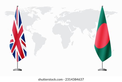 United Kingdom and Bangladesh flags for official meeting against background of world map.