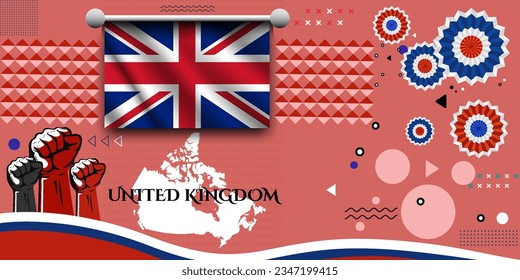 united kingdom banner for national day with abstract modern design. United kingdom flag and map with typography. raised fists and embroidery background.  independence day. Vector Illustration.