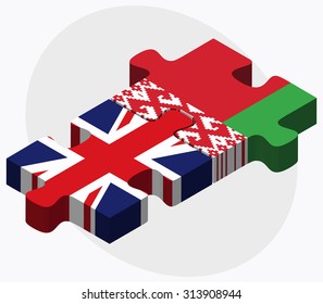 United Kingdom and Belarus Flags in puzzle  isolated on white background