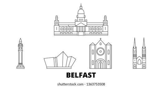 United Kingdom, Belfast line travel skyline set. United Kingdom, Belfast outline city vector illustration, symbol, travel sights, landmarks.
