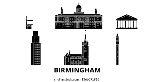 United Kingdom, Birmingham flat travel skyline set. United Kingdom, Birmingham black city vector panorama, illustration, travel sights, landmarks, streets.