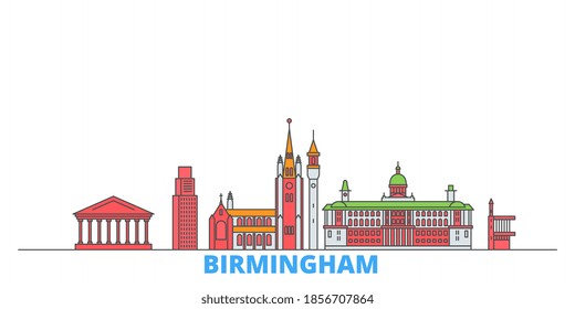 United Kingdom, Birmingham line cityscape, flat vector. Travel city landmark, oultine illustration, line world icons