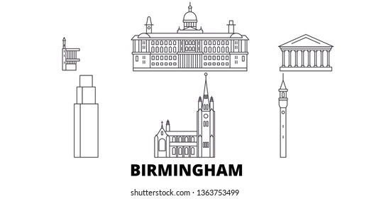 United Kingdom, Birmingham line travel skyline set. United Kingdom, Birmingham outline city vector illustration, symbol, travel sights, landmarks.