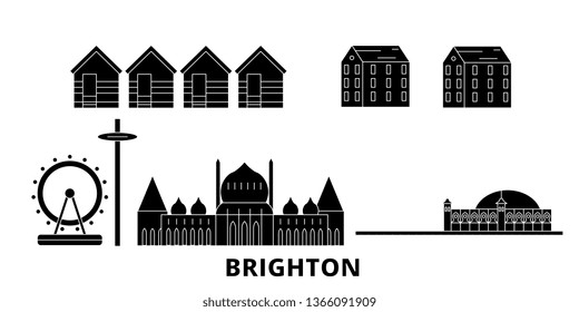 United Kingdom, Brighton flat travel skyline set. United Kingdom, Brighton black city vector panorama, illustration, travel sights, landmarks, streets.