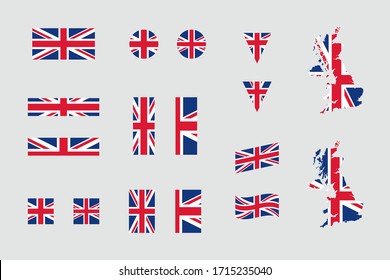 United Kingdom British Flag Icon Different Shapes Flat Vector Set