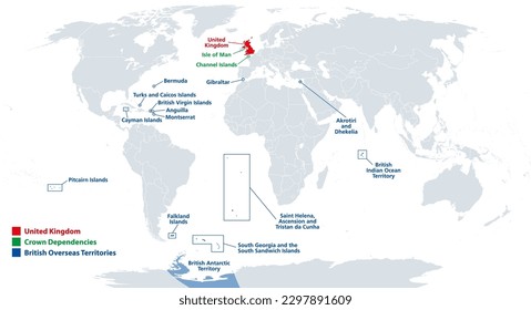 Reino Unido, Territorios Británicos de Ultramar y Dependencias de la Corona, mapa político. Gran Bretaña, la Isla de Man, Guernsey y Jersey en las Islas Británicas, y 14 BOTs, distribuidos en todo el mundo.